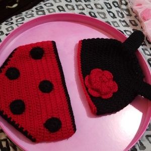 Crochet red and black hat with matching bottoms
